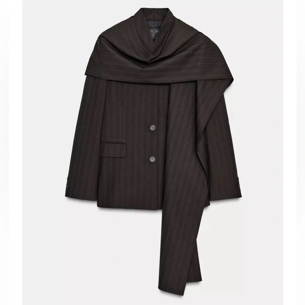 ZARA ZW Collection Limited Edition Pinstripe Blazer with Scarf Brown Women M NWT